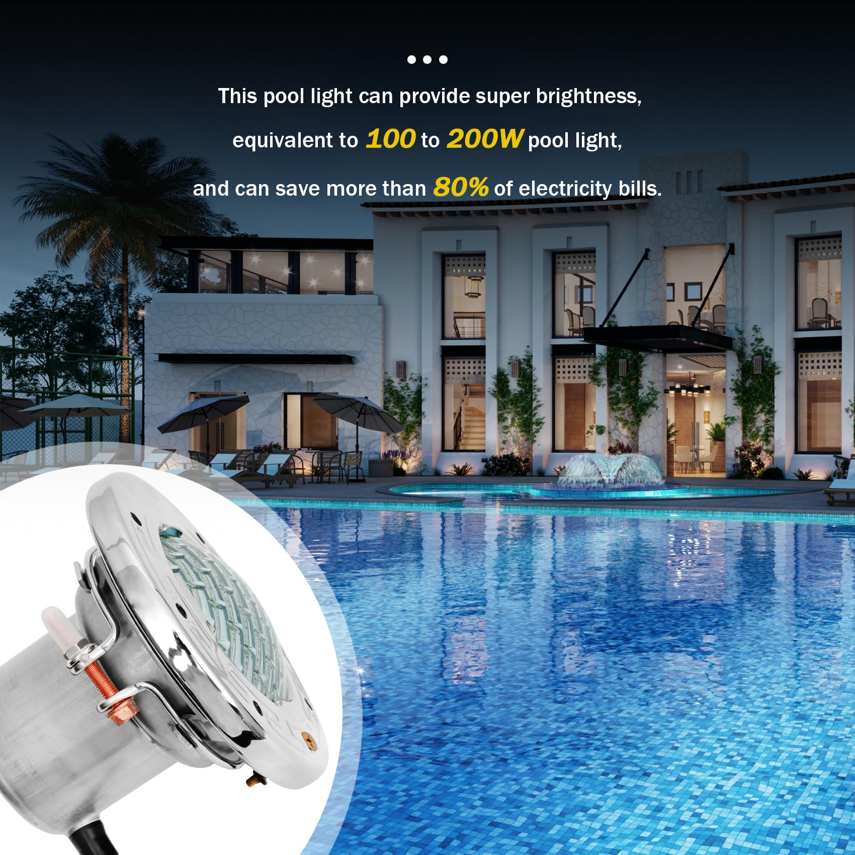Pomeade energy-saving LED pool light demonstrates reduced power use.