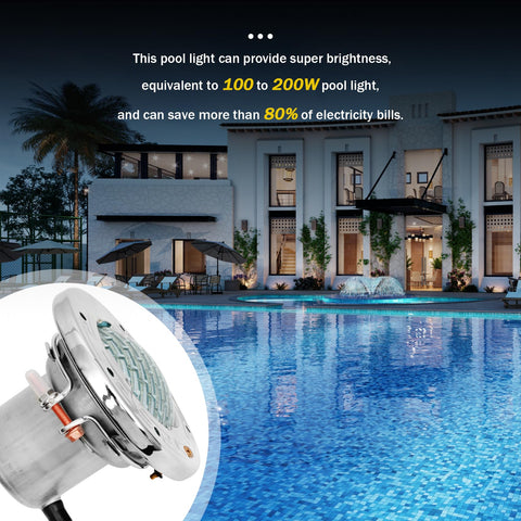 Pomeade energy-saving LED pool light demonstrates reduced power use.