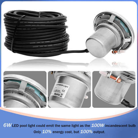 Pomeade white underwater spa light submerged for vibrant night swimming.