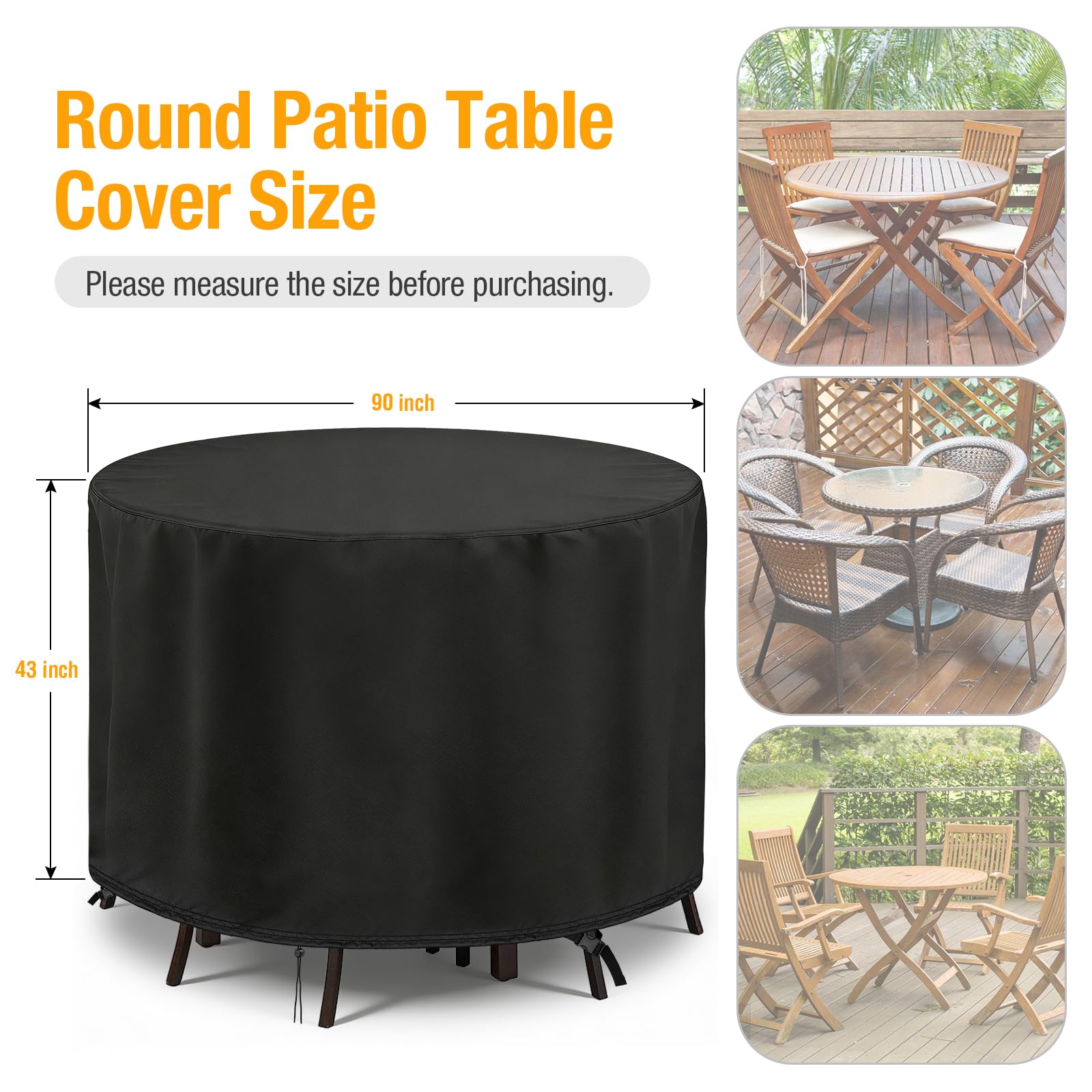 POMER 90x43-inch cover demonstrates precise fit for round table and chairs.