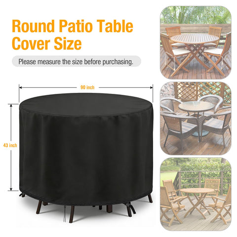 POMER 90x43-inch cover demonstrates precise fit for round table and chairs.