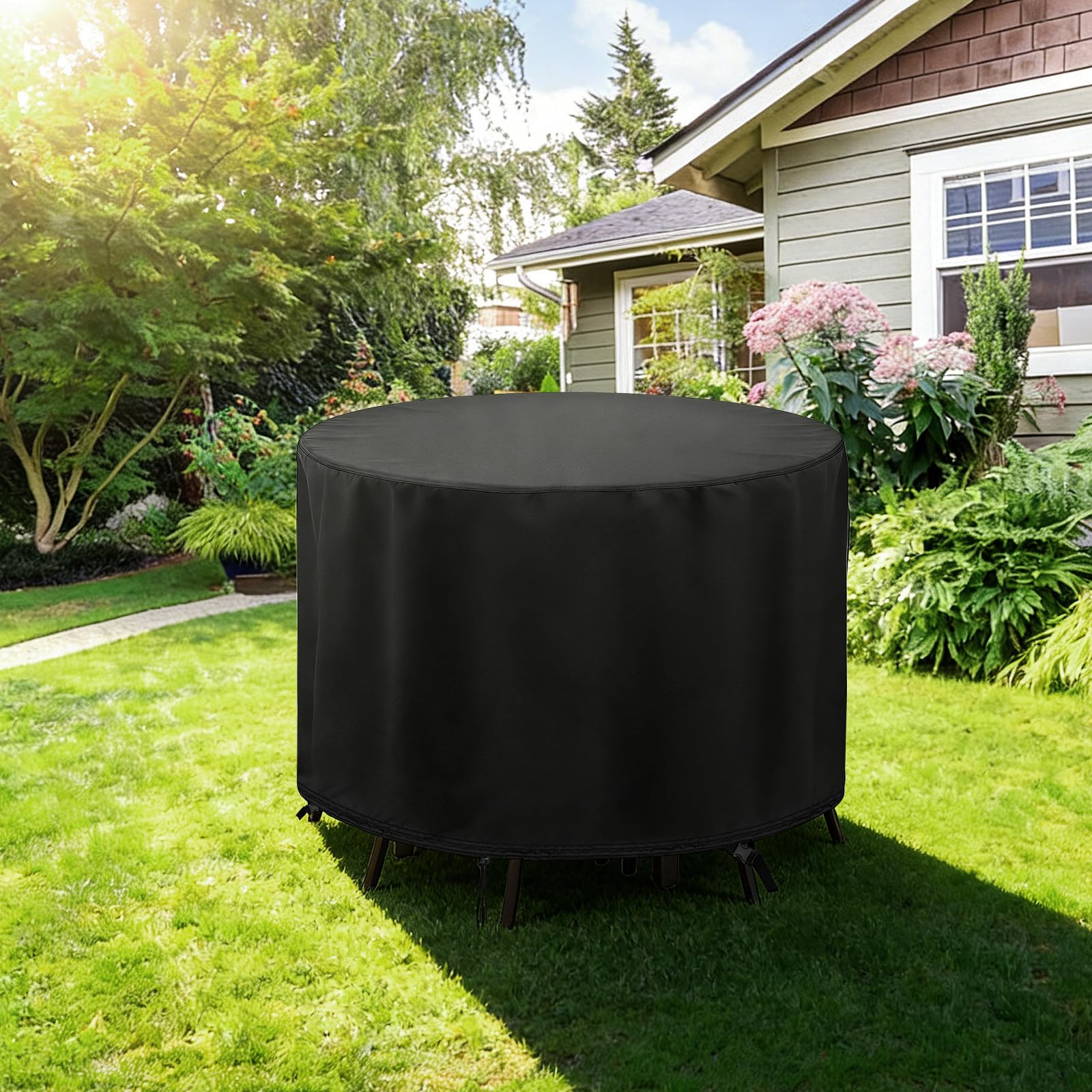 POMER patio furniture cover in use protects round furniture outdoors.