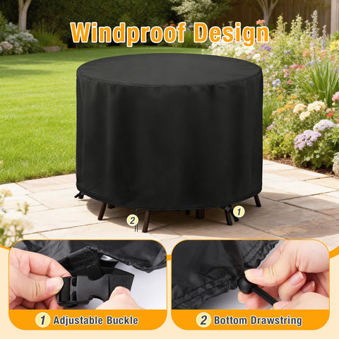 POMER windproof drawstring and straps secure the cover in windy conditions.