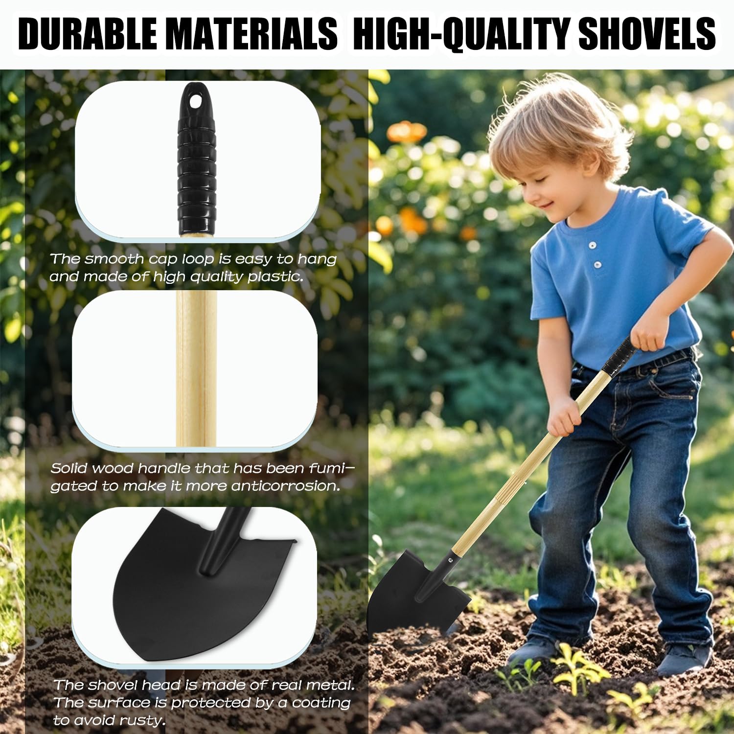POMIKU lightweight dual shovels offer easy transport for beach or garden play.