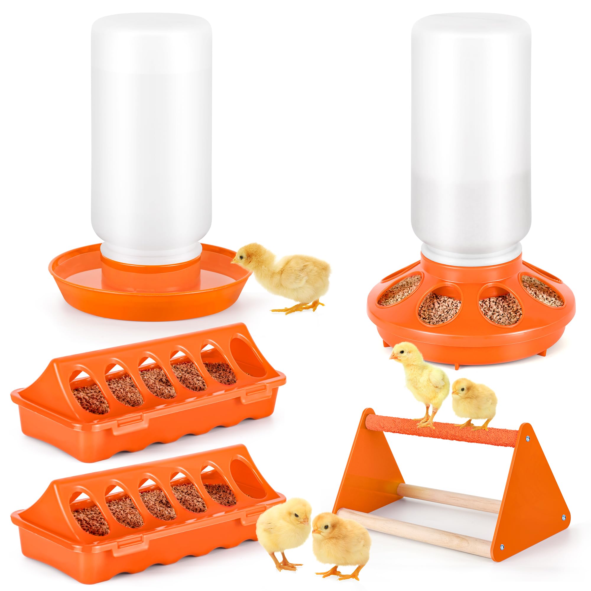 POMINEL orange baby chicken feeder and waterer front view, easy refill for chicks