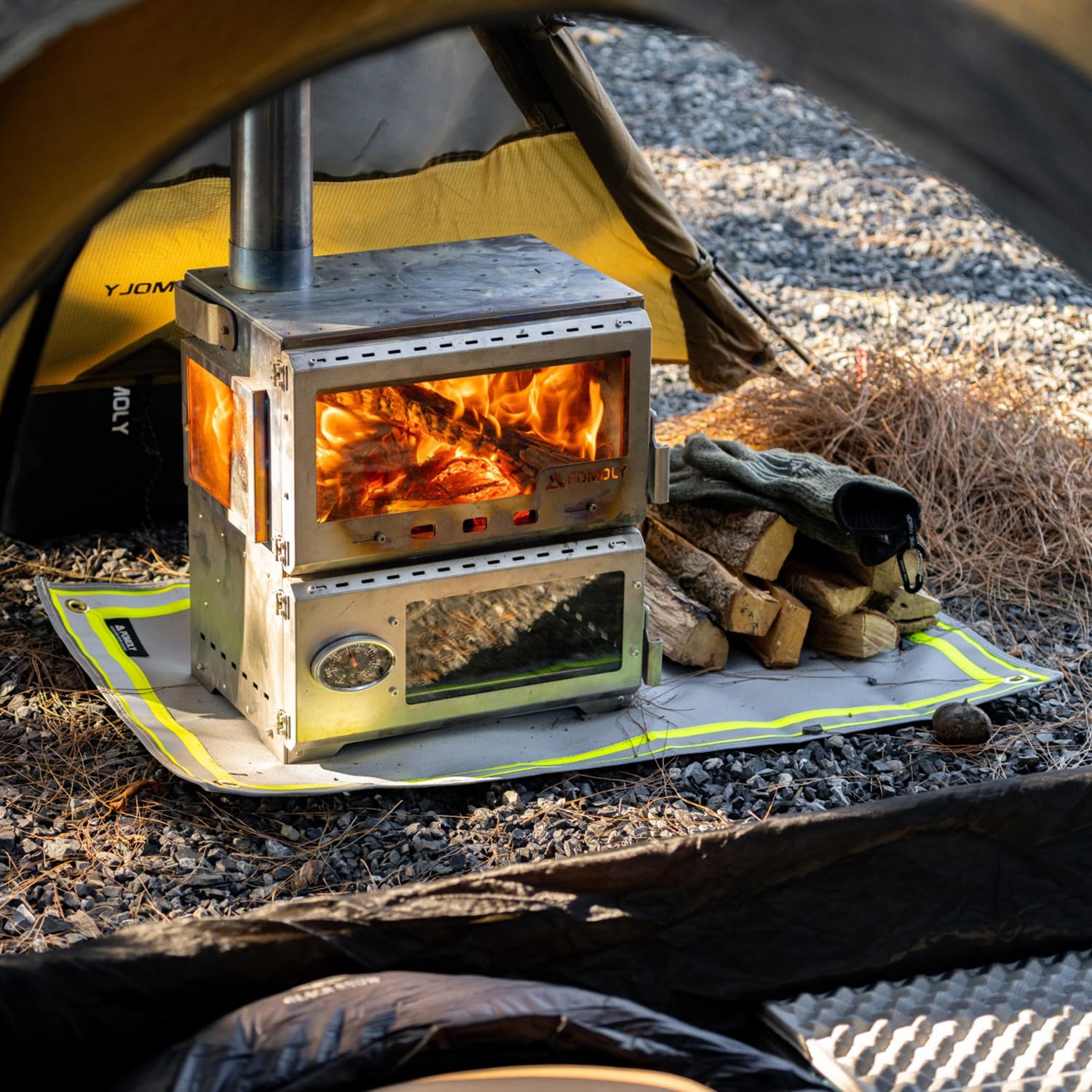 POMOLY fire pit mat edge reflective strip visible at night