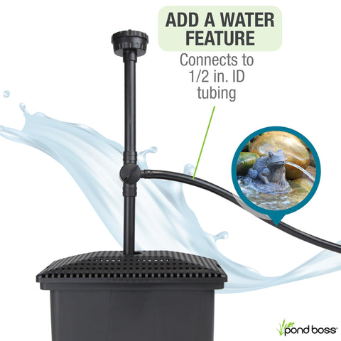 Pond Boss black filter box blending with pond aesthetics