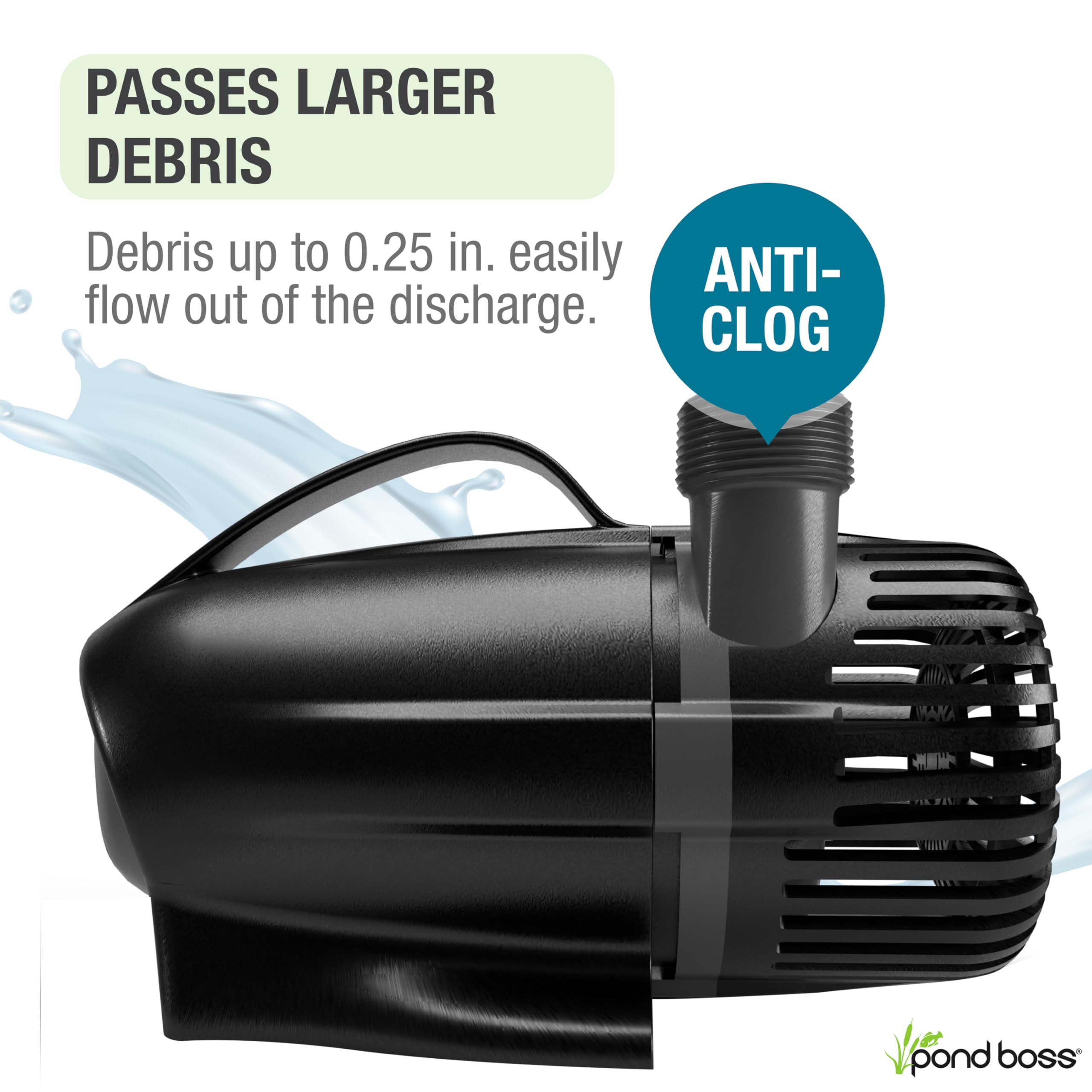 Pond Boss anti-clog technology tag on pump, low-maintenance benefits.