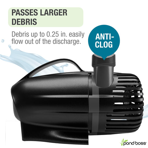 Pond Boss anti-clog technology tag on pump, low-maintenance benefits.