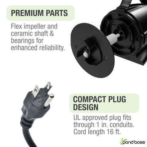 Pond Boss 2300 GPH pump close-up on impeller, anti-clog design detail.