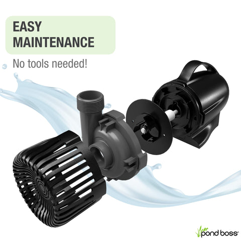 Pond Boss 3600 GPH pump connected to pond fittings and hoses