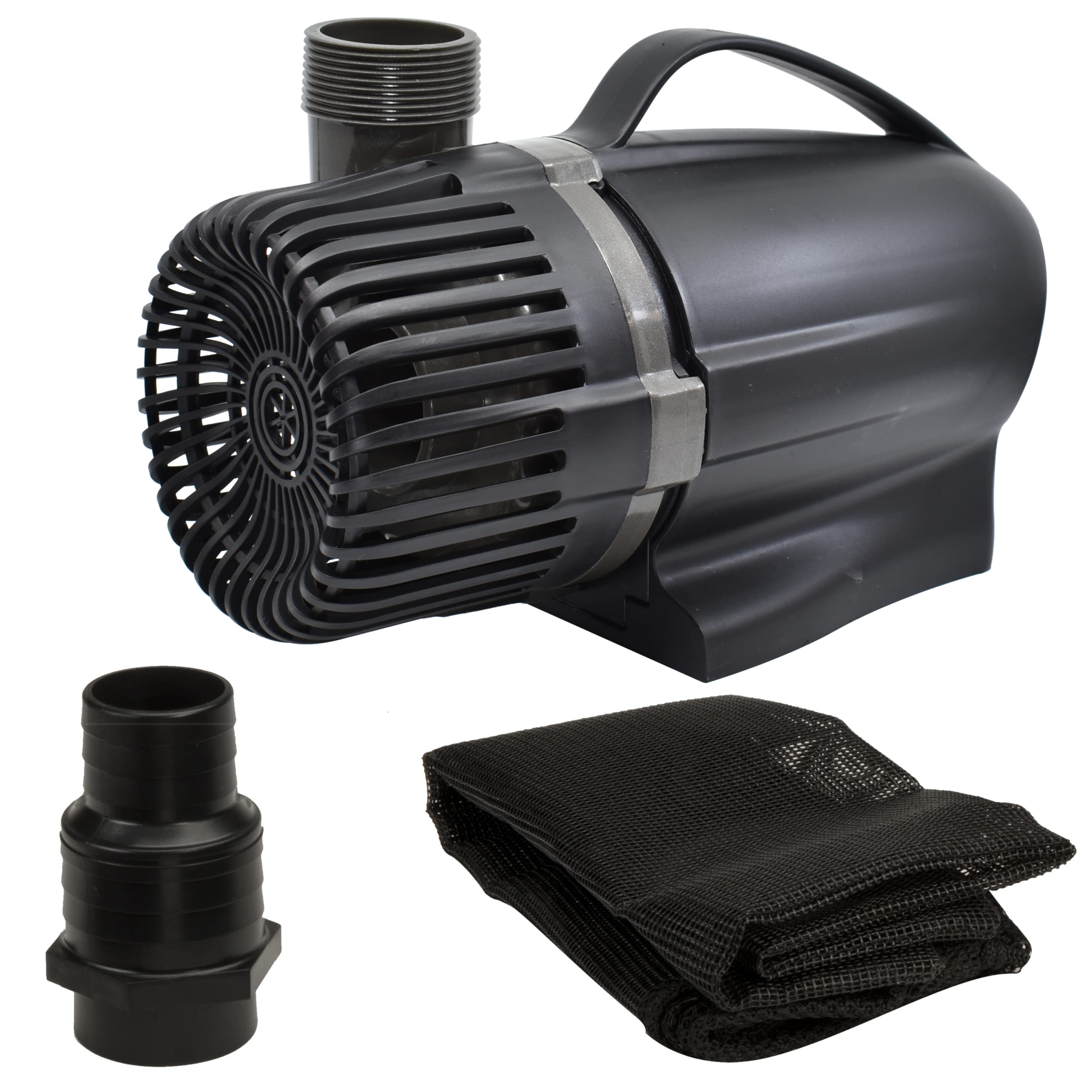 Pond Boss 3600 GPH pump front view powering a dramatic waterfall