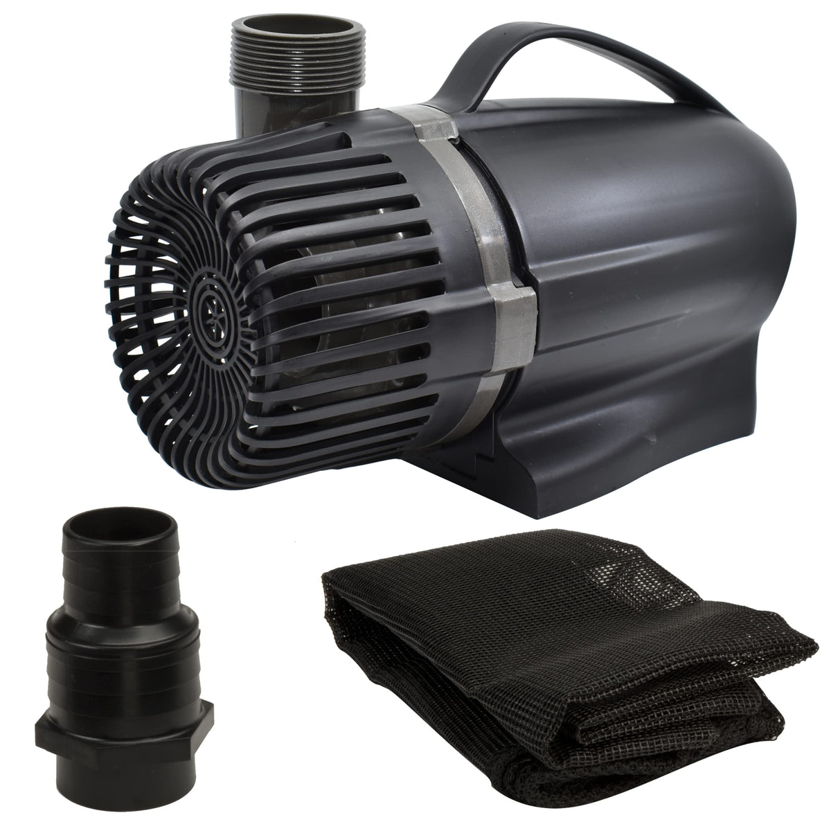 Pond Boss 3600 GPH pump front view powering a dramatic waterfall