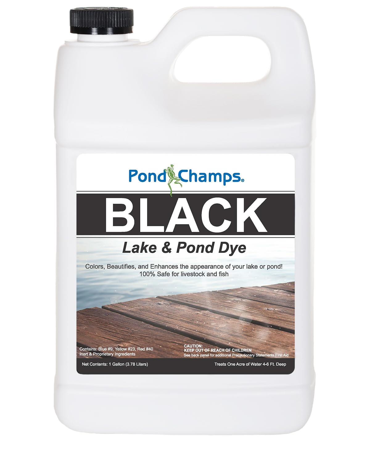 Pond Champs Black Lake Dye bottle creates deep water color for enhanced pond aesthetics.