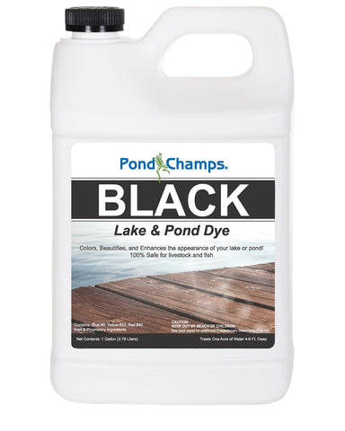 Pond Champs Black Lake Dye bottle creates deep water color for enhanced pond aesthetics.