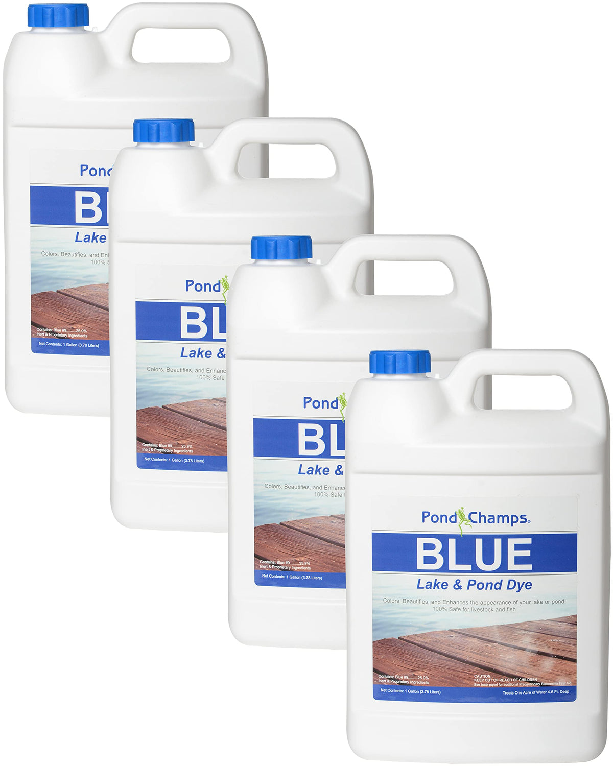 Pond Champs Blue Lake Dye bottle front shows brand and vivid water color.