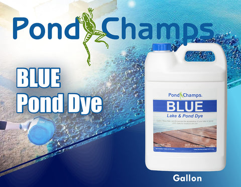 Pond Champs Blue Lake Dye being poured to tint pond water evenly.