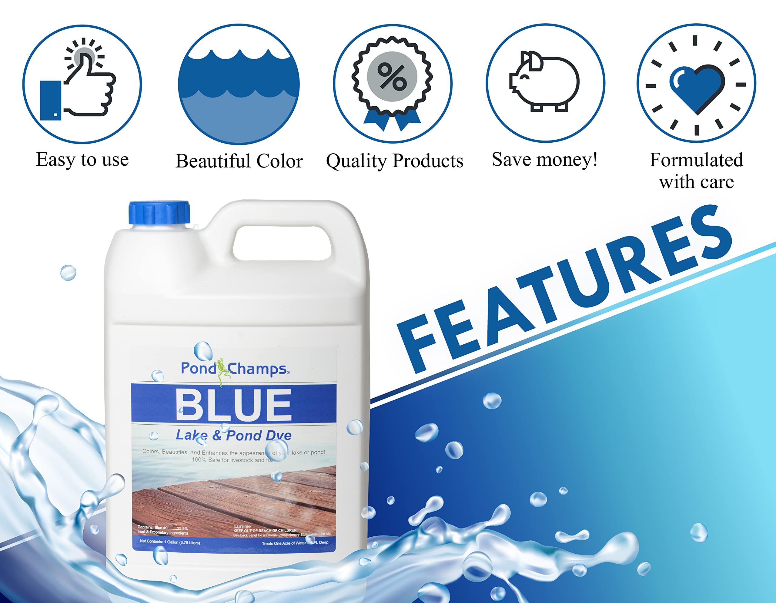 Pond Champs Blue Lake Dye label highlights dosage guidelines.