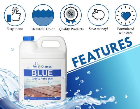 Pond Champs Blue Lake Dye label highlights dosage guidelines.