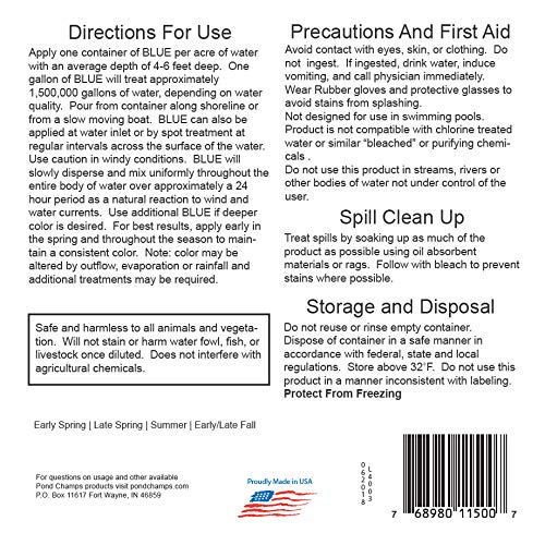 Pond Champs Blue Lake Dye distributes evenly for uniform pond color.