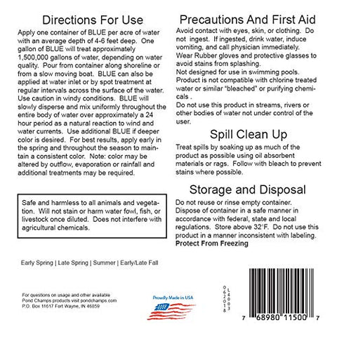 Pond Champs Blue Lake Dye distributes evenly for uniform pond color.