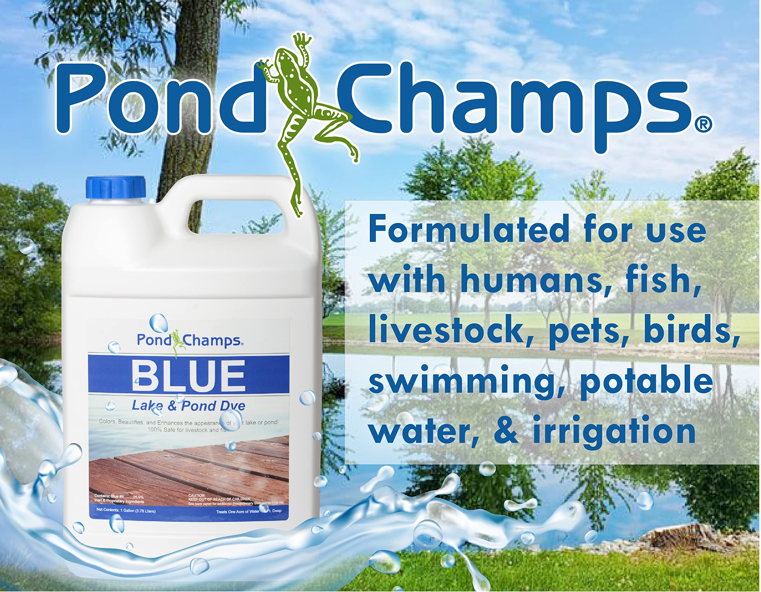 Pond Champs Blue Lake Dye on pond surface reduces glare visually.
