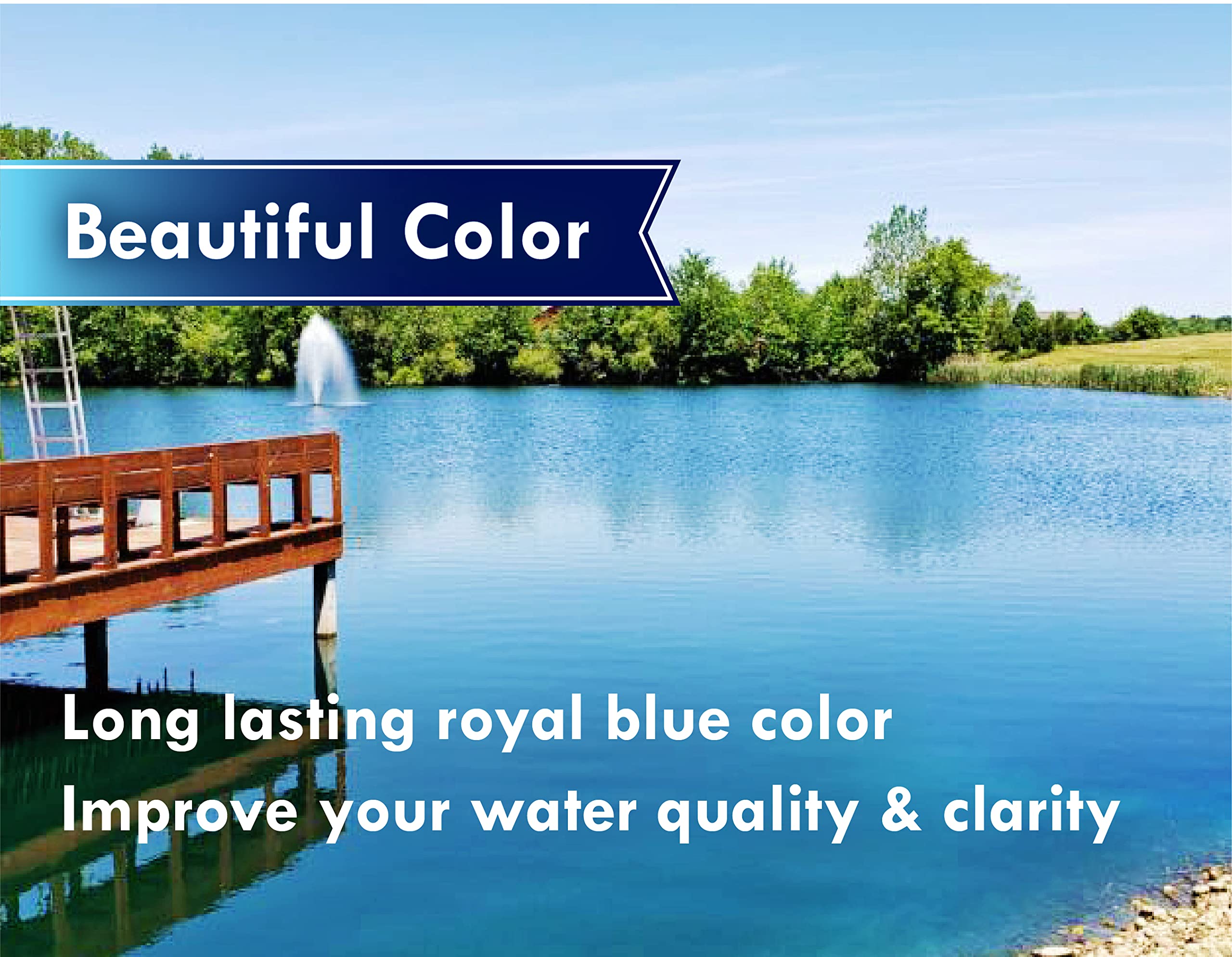 Pond Champs Blue Lake Dye on pond water adds lasting royal blue tint