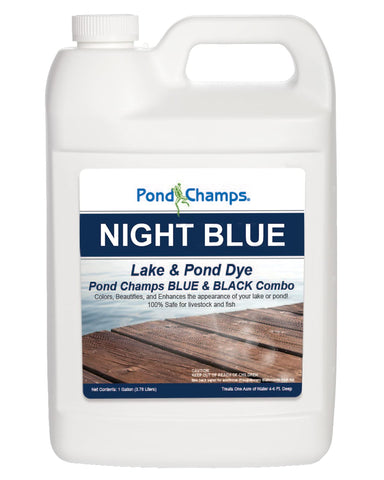 Pond Champs Night Blue dye bottle pours into water for a vibrant color boost.