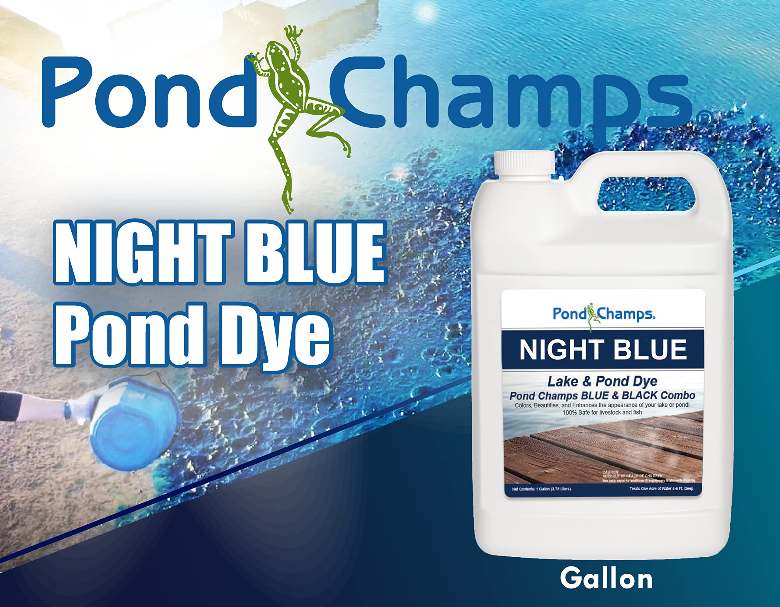 Pond Champs Night Blue dye color swirl in a pond shows even tint.