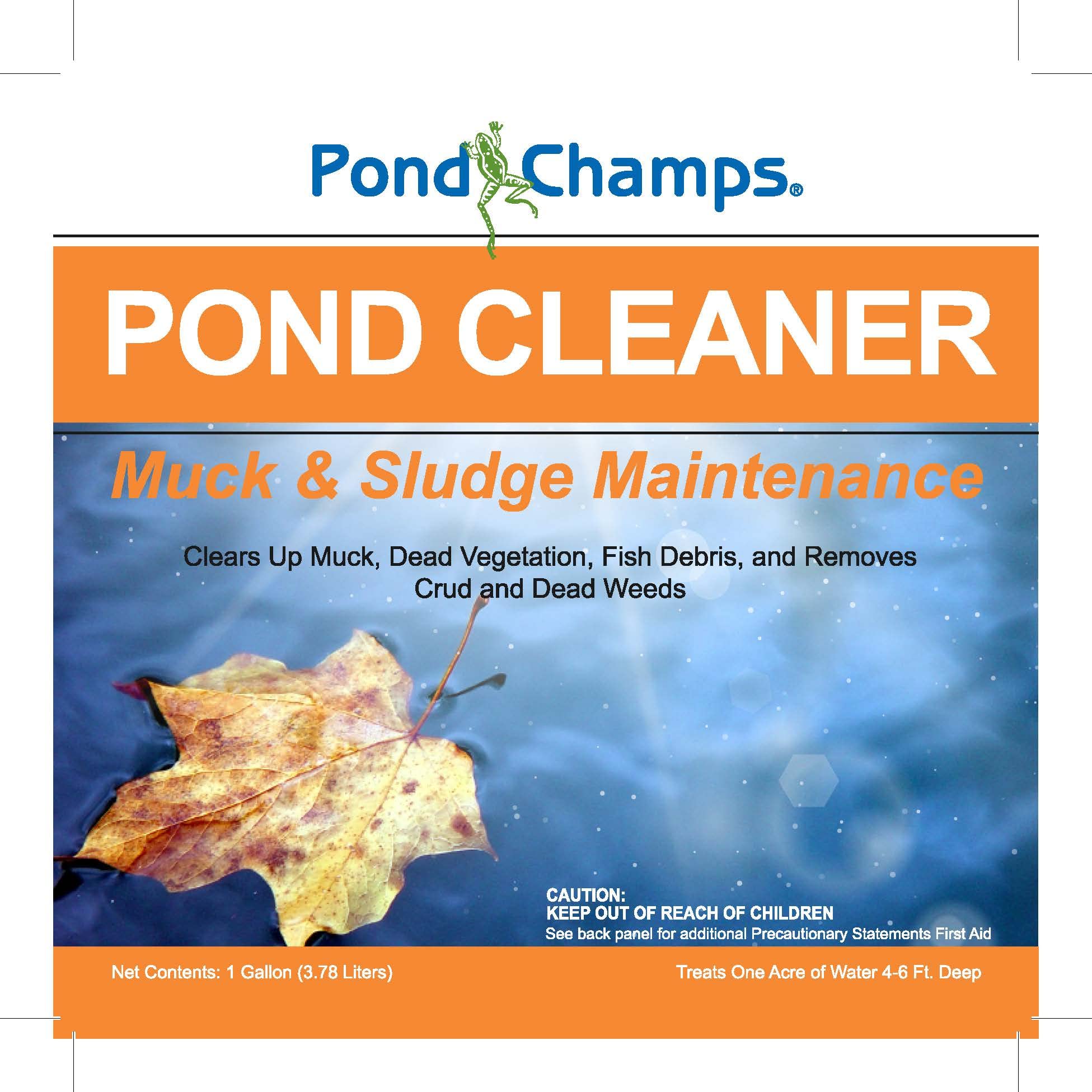 Pond Champs Pond Cleaner bottle label close-up with ingredients and usage guidance