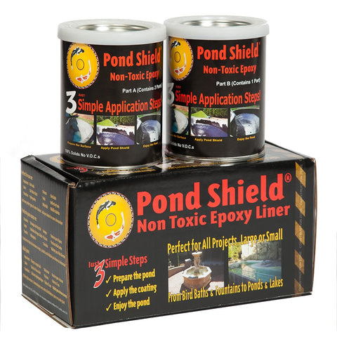 Pond Shield tan epoxy paint bottle pour demonstrates easy application for ponds.
