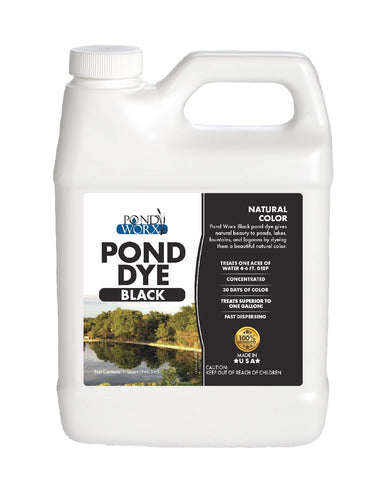 Pond Worx Black Pond Dye bottle showing deep blue tint for clearer water.