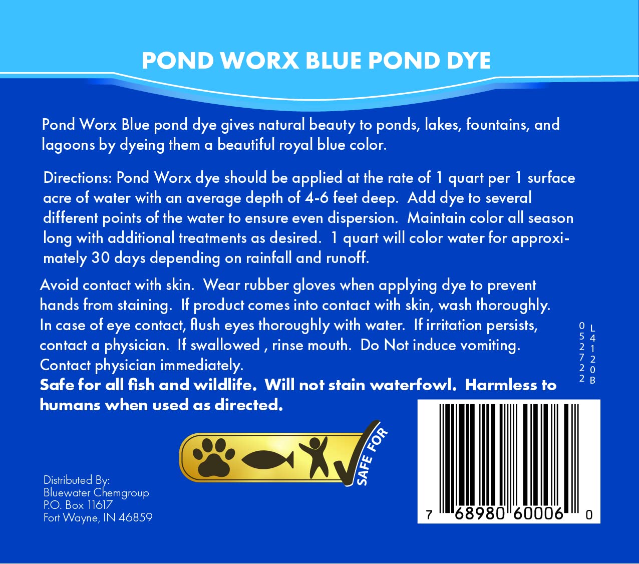 Pond Worx Blue Lake Dye in a vibrant blue pond setting
