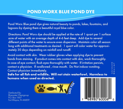 Pond Worx Blue Lake Dye in a vibrant blue pond setting
