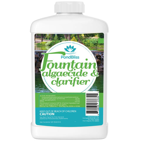 PondBliss AlgaeCide bottle label showing algae control for fountains and ponds