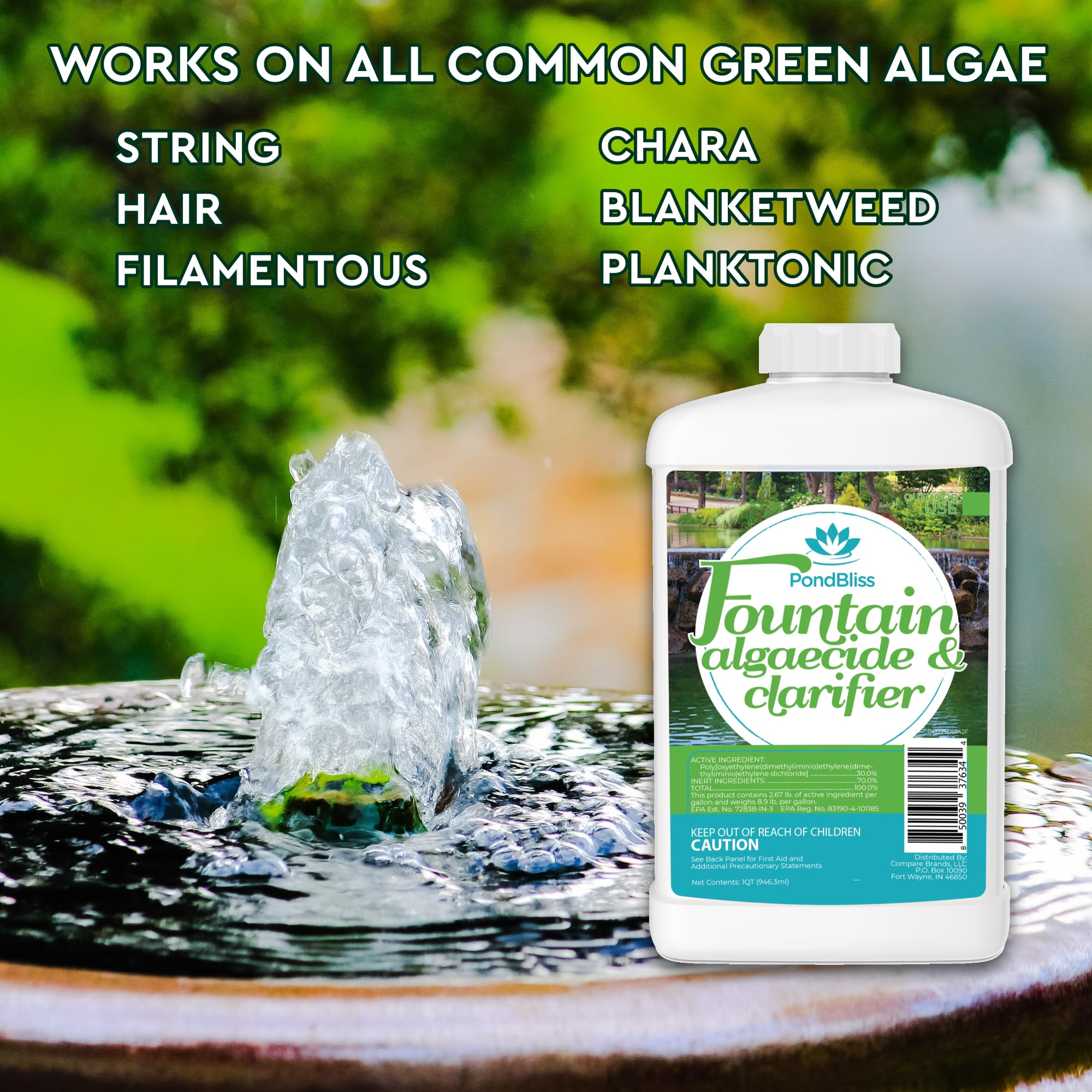 Close-up of algae being treated with PondBliss for clearer fountain water.