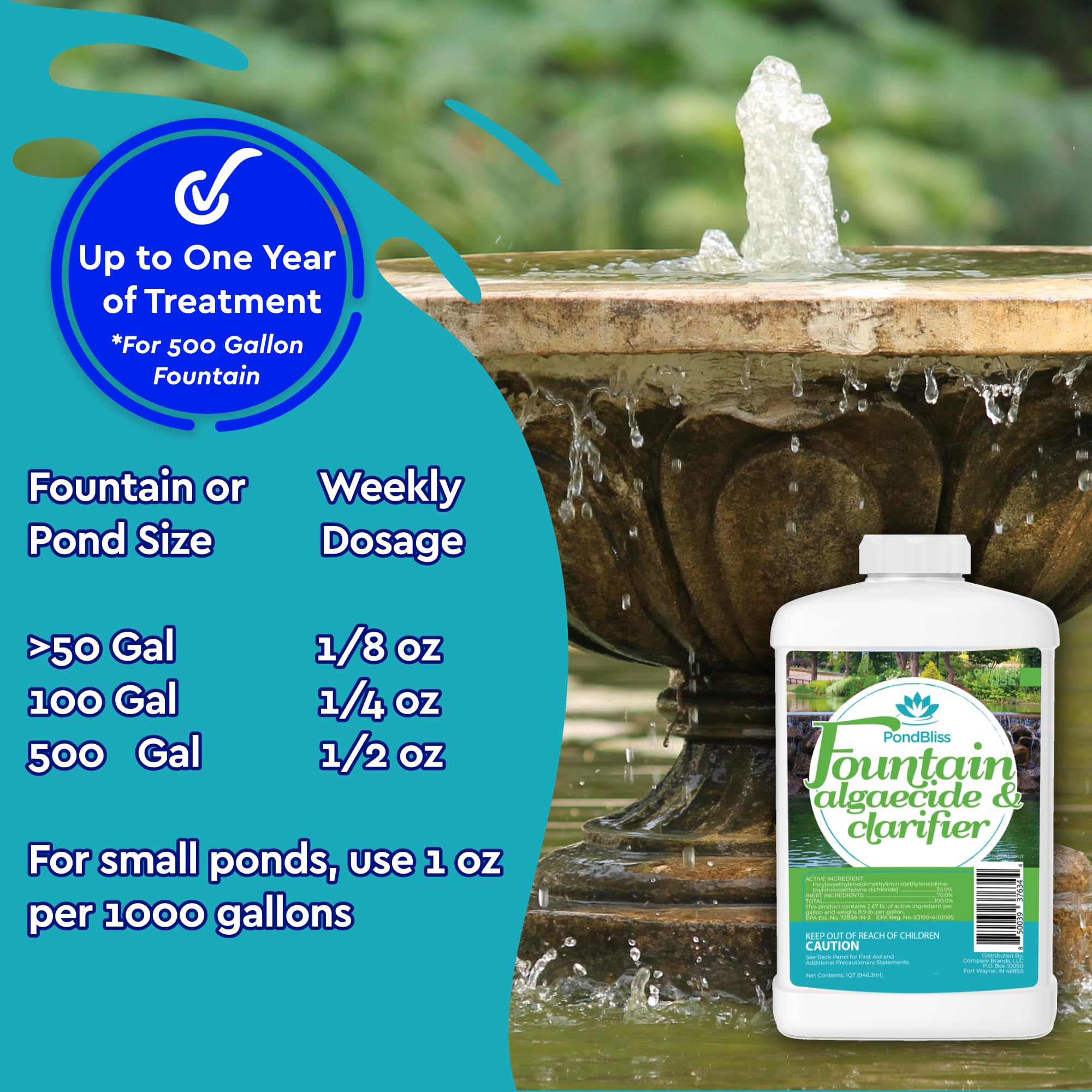 Pouring PondBliss algaecide bottle demonstrates easy application.