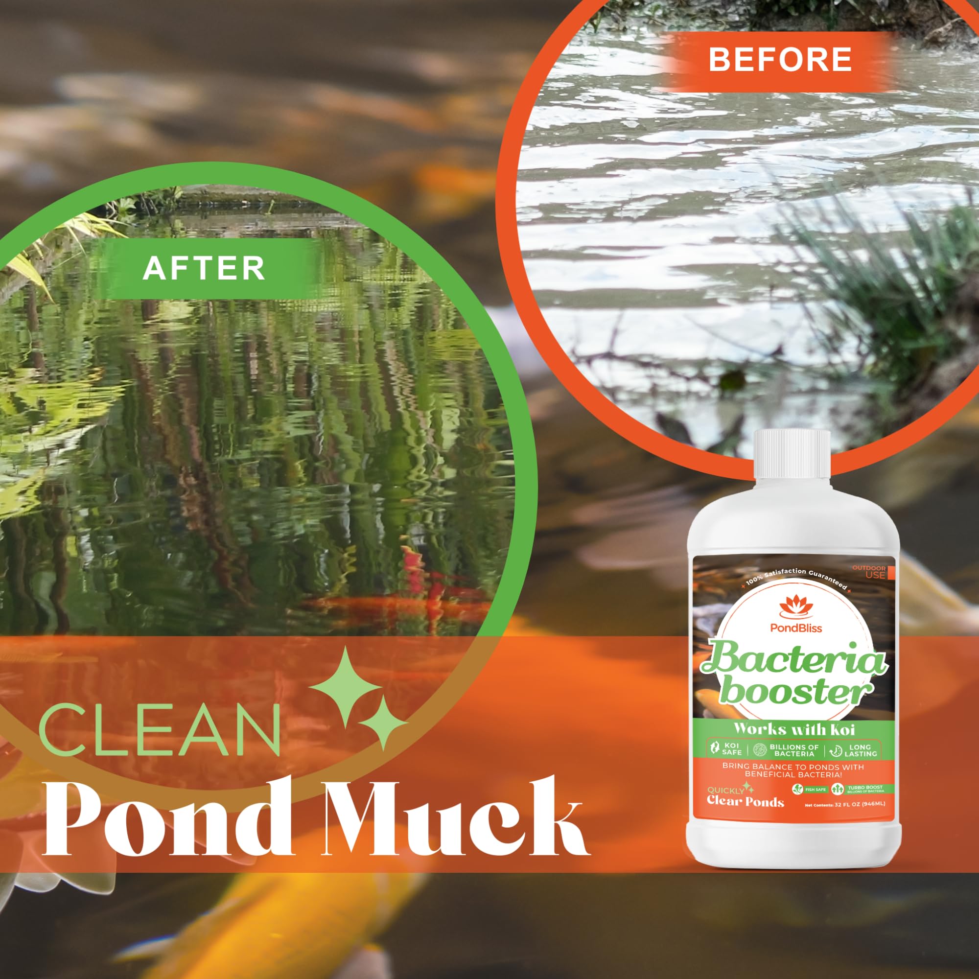 PondBliss Beneficial Booster clear water demonstrates improved pond clarity.
