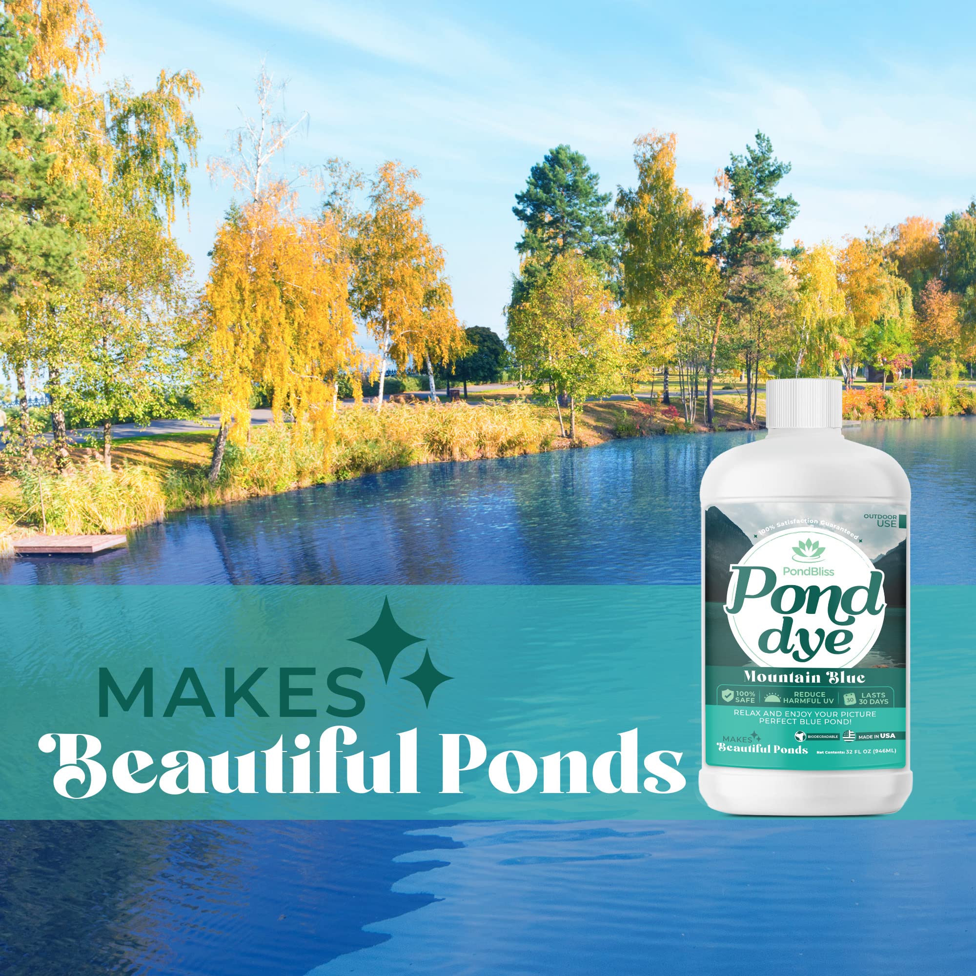 PondBliss Mountain Blue dye large pond aerial view demonstrates suitability for big water features