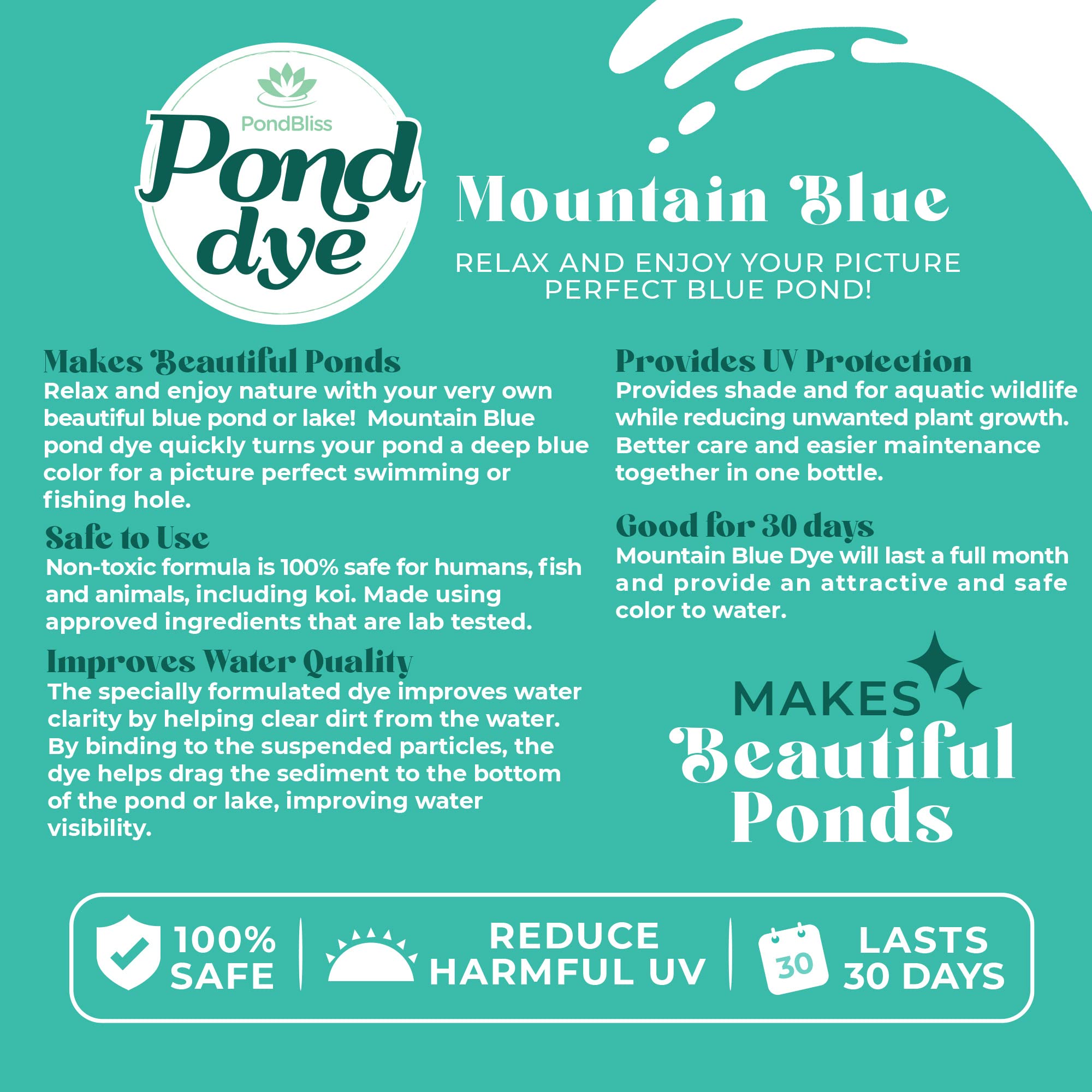 PondBliss Mountain Blue dye UV-blocking effect helps protect pond life