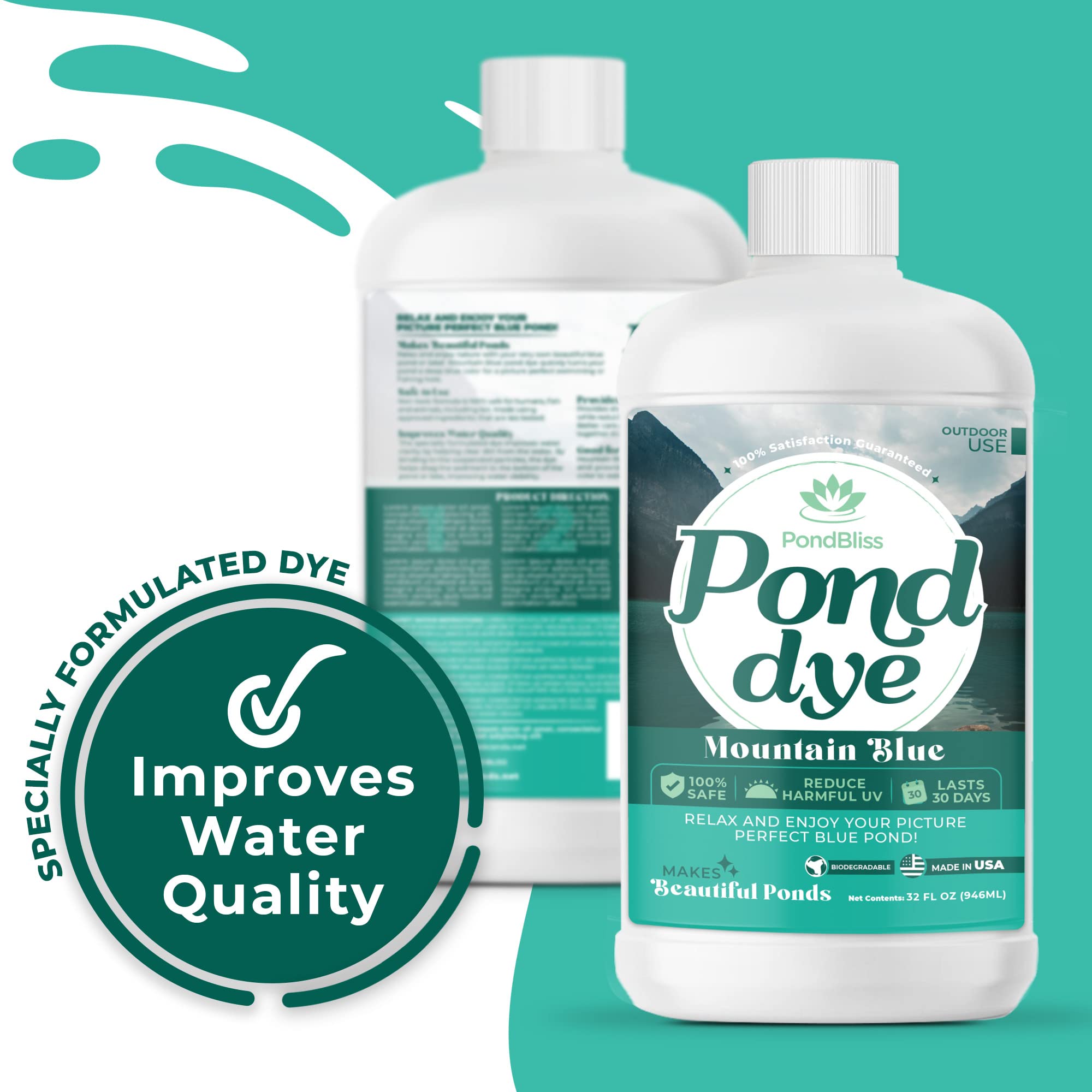 PondBliss Mountain Blue dye wildlife-safe label indicates fish and wildlife compatibility