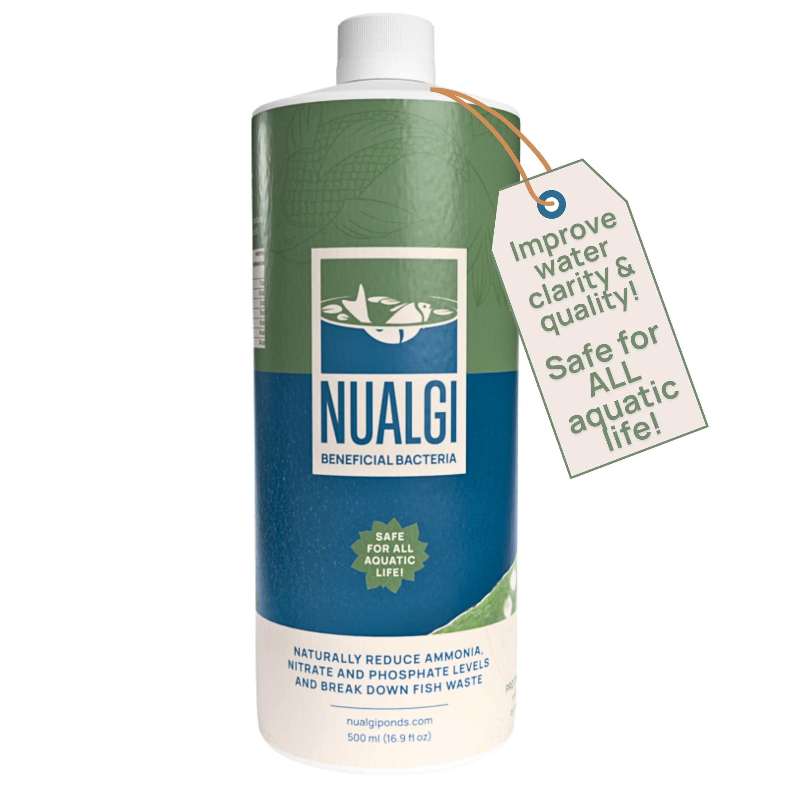 PondPatrol Nualgi beneficial bacteria bottle pour improves pond balance and clarity.
