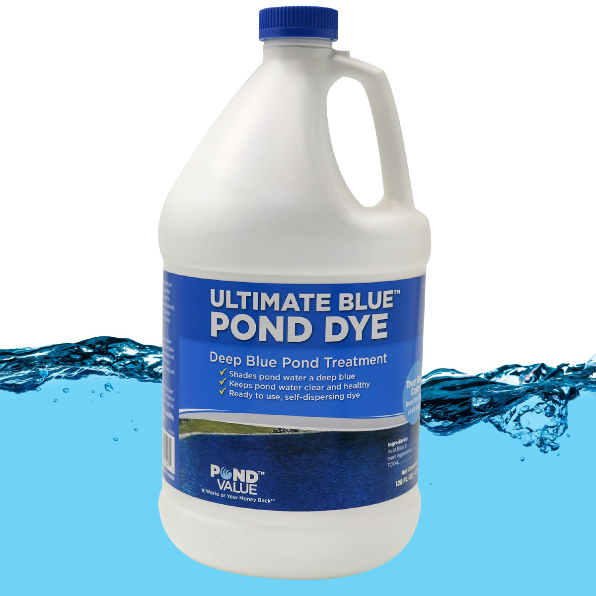 PondValue Ultimate Blue Dye bottle pour enhances water color while maintaining a clear pond.