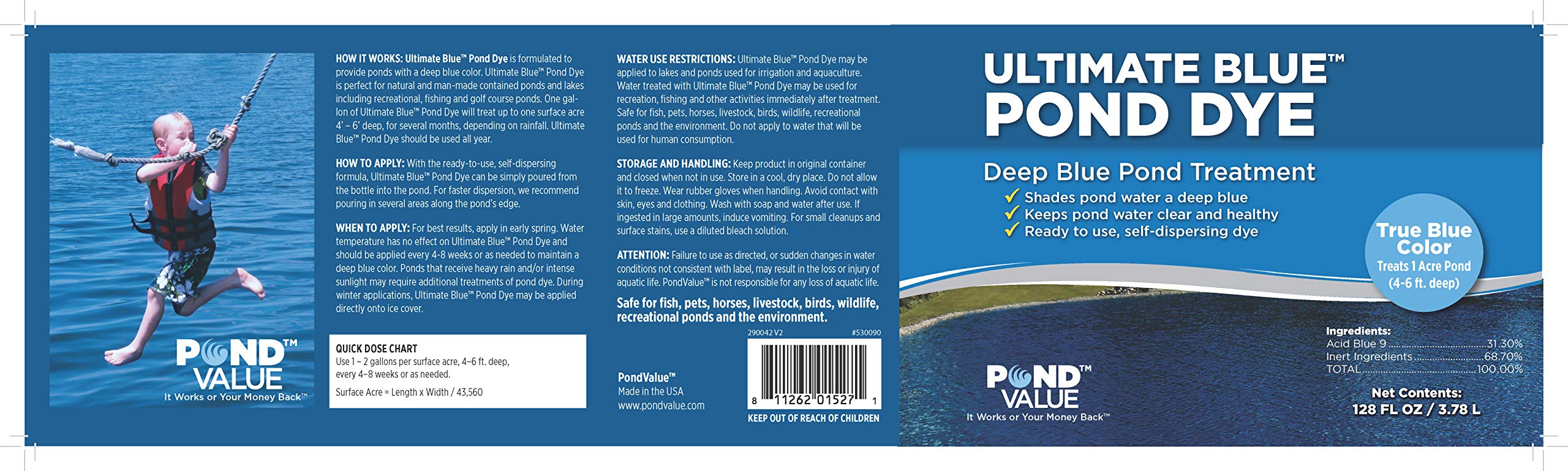 PondValue Ultimate Blue Dye close-up demonstrates rich color that enhances pond aesthetics.