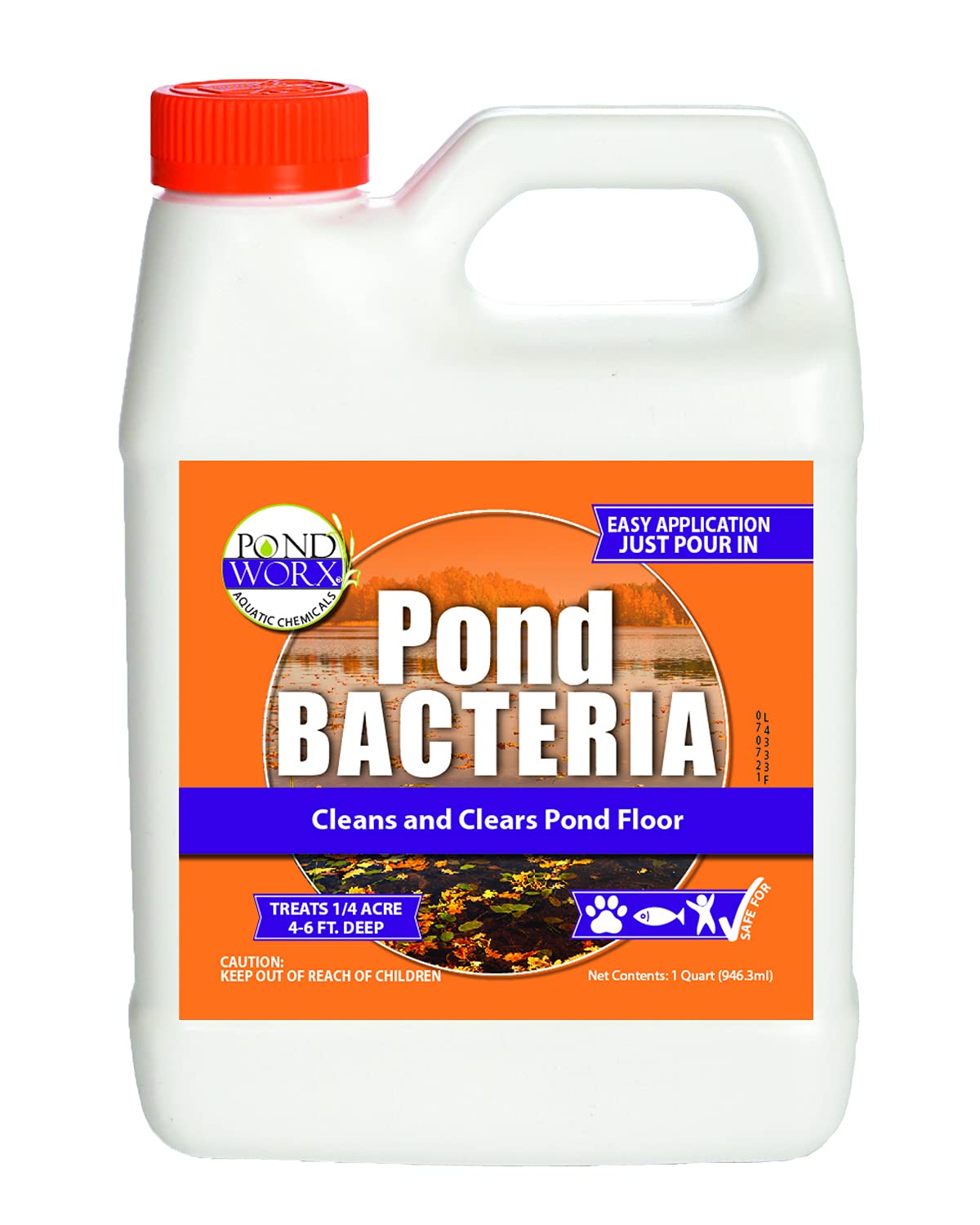 Pond Worx bacteria bottle label shows powerful formula for muck control in large ponds.