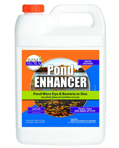 Pond Worx royal blue dye bottle enhances pond color safely for year-round beauty