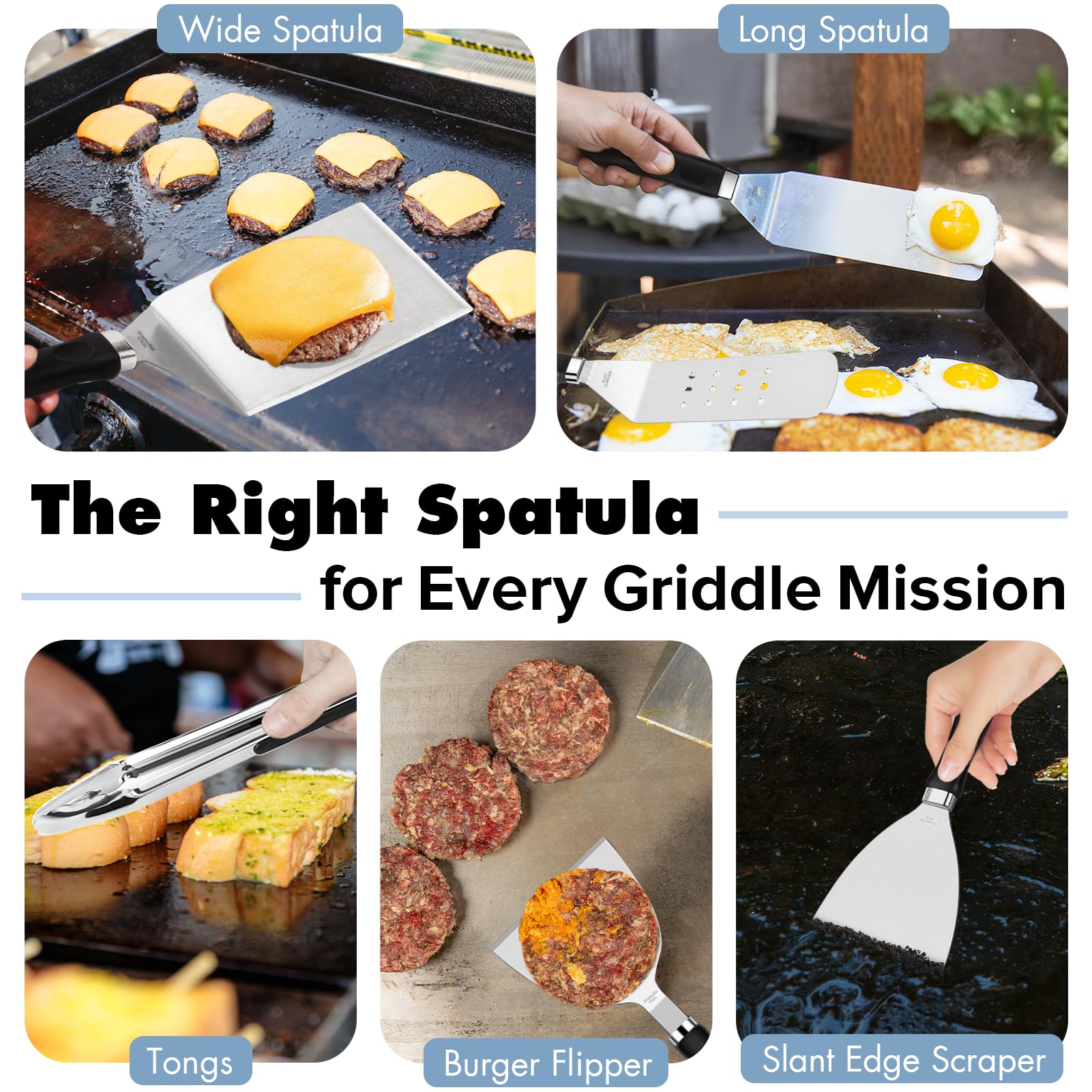 Pontual griddle kit burger flipper enables even sear marks.