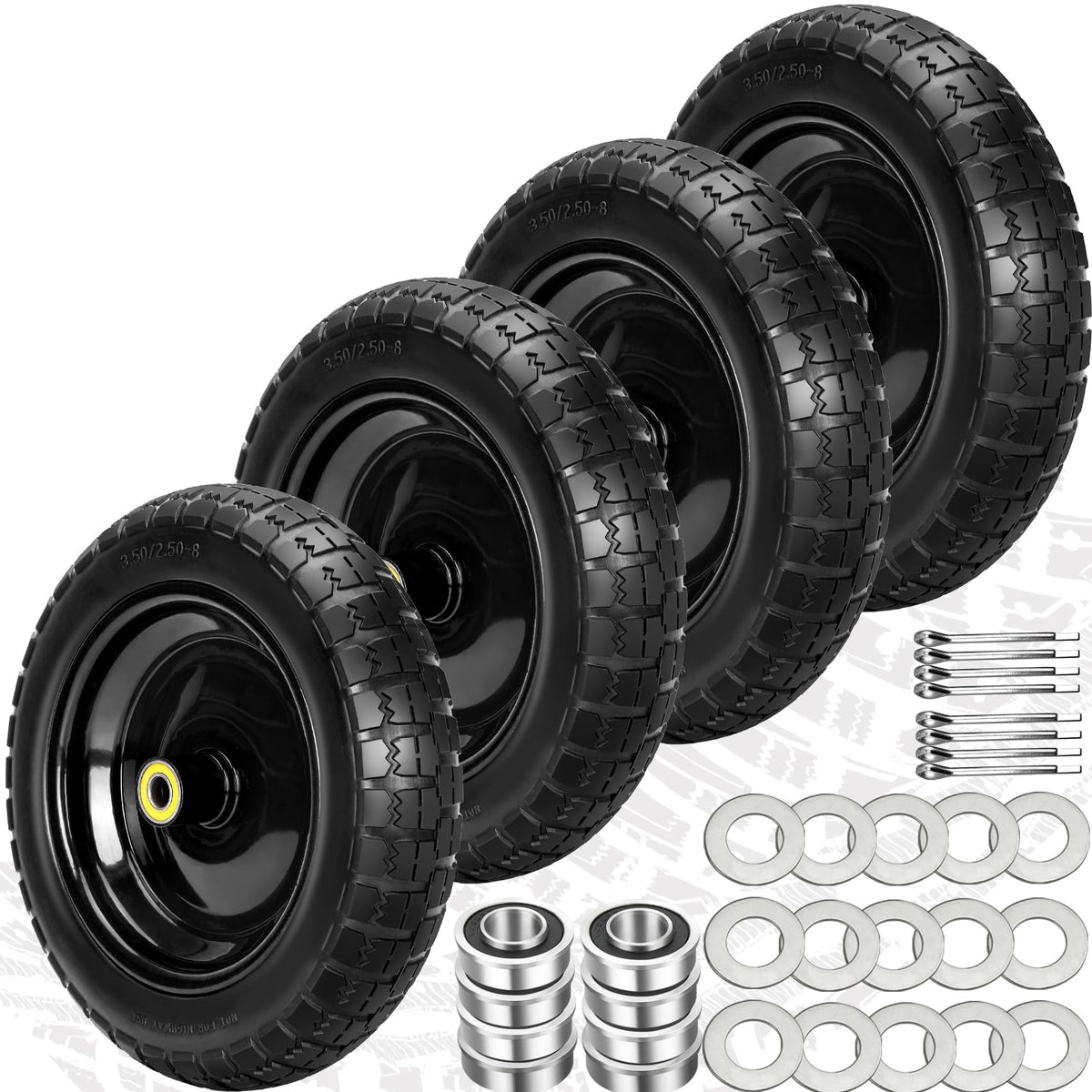 Pontuss 13 inch flat free wheels front view for GOR cart reliability