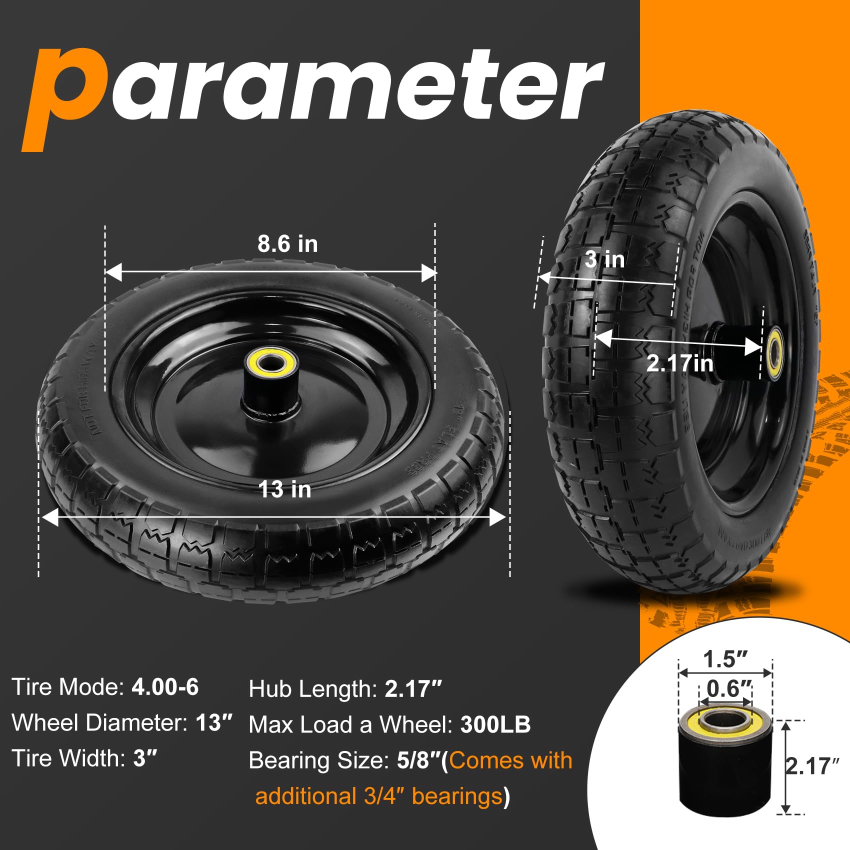Pontuss 13 inch flat free wheels side view on varied terrain