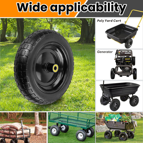 Steel rims and polyurethane tires withstand impacts on uneven ground.